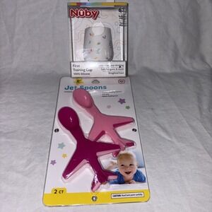 Baby Airplane Spoons Pink Set of 2 Jet Toddler Soft Grip Spoons & Nuby Cup